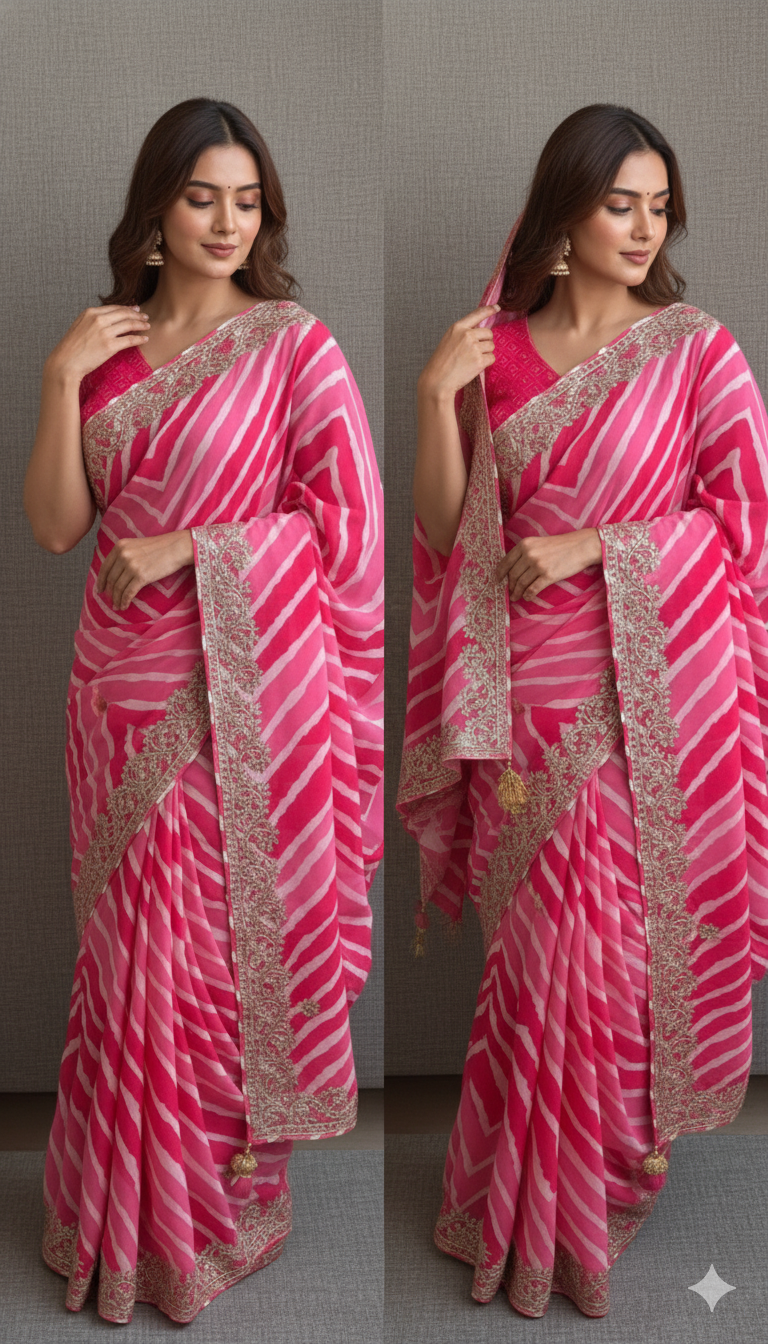 Hot Pink and Rose Crepe Silk Leheriya Saree with Machine Gota Patti Embroidery