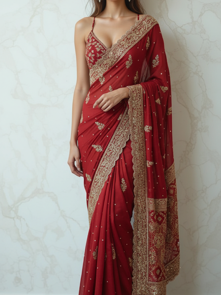 Pure Munga Silk Banarasi Saree with Handcrafted Zardozi Gota Patti and Pearl Embroidery