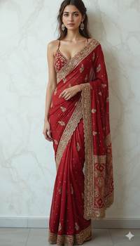 Pure Munga Silk Banarasi Saree with Handcrafted Zardozi Gota Patti and Pearl Embroidery