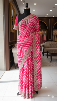 Hot Pink and Rose Crepe Silk Leheriya Saree with Machine Gota Patti Embroidery