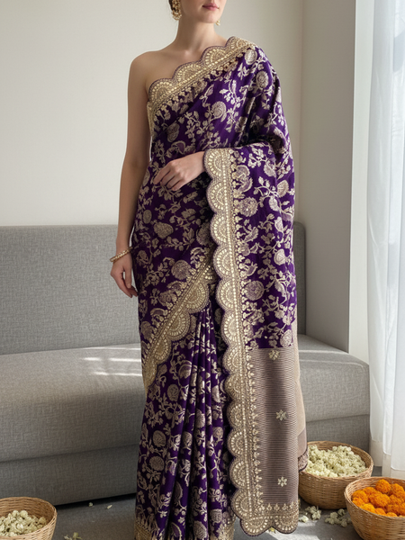Pure Khaddi Georgette Banarasi Saree with Handcrafted Gota Patti Zardozi Sequins and Pearl Embroidery