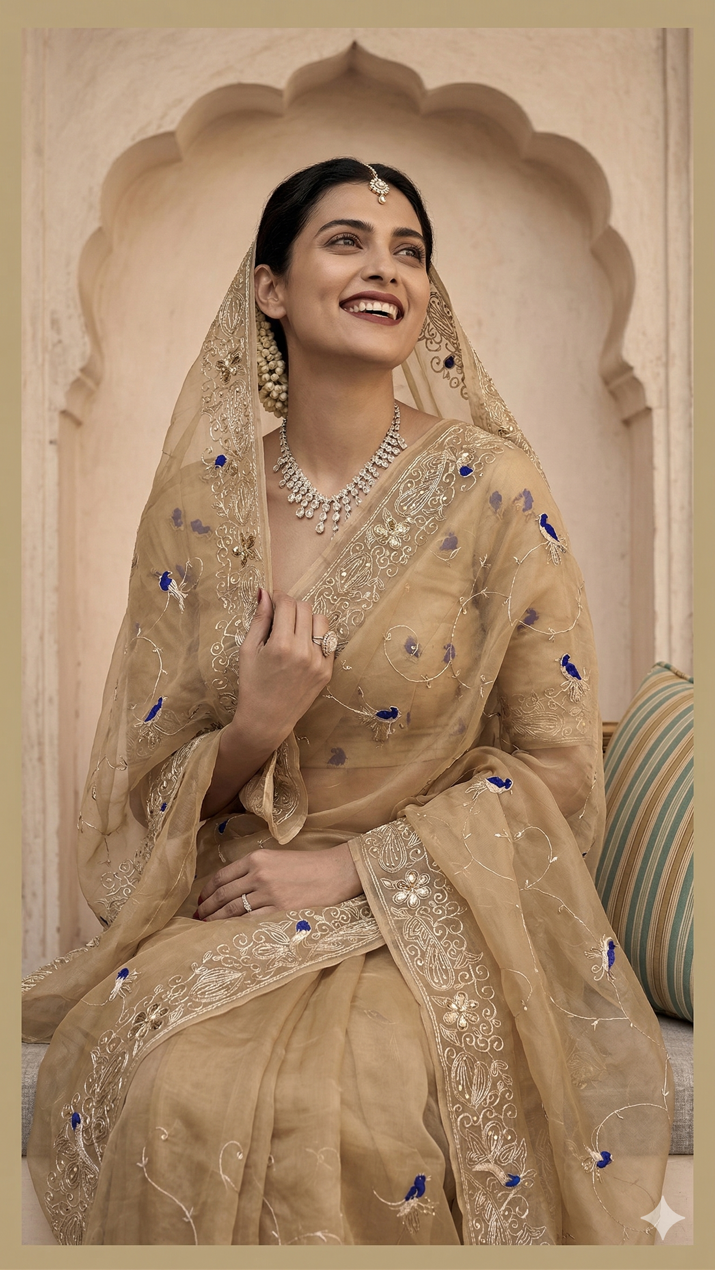 Peacock Resham Embroidery On Tissue Organza Silk · 40 Artisan Hours of work · The Noor Edit