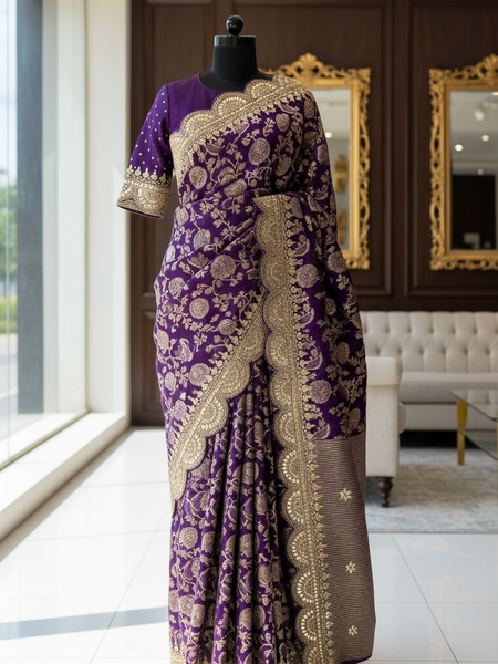Pure Khaddi Georgette Banarasi Saree with Handcrafted Gota Patti Zardozi Sequins and Pearl Embroidery