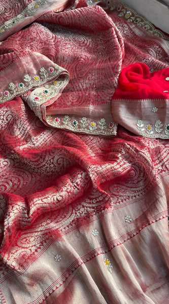 Pure Khaddi Georgette Silk Saree with Pearl & Zardozi Embroidery