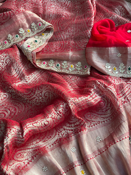 Pure Khaddi Georgette Silk Saree with Pearl & Zardozi Embroidery