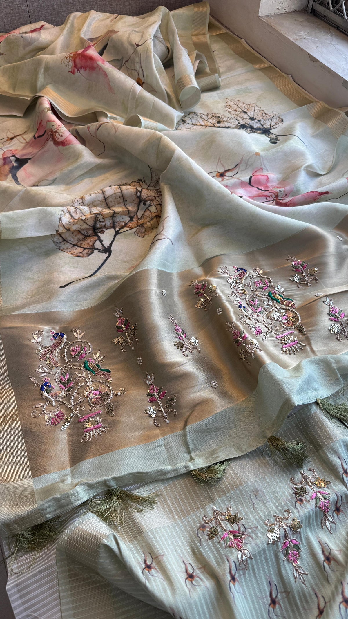Soft Cosmo Munga Silk Banarasi Wedding Saree with Zardozi & Resham Work