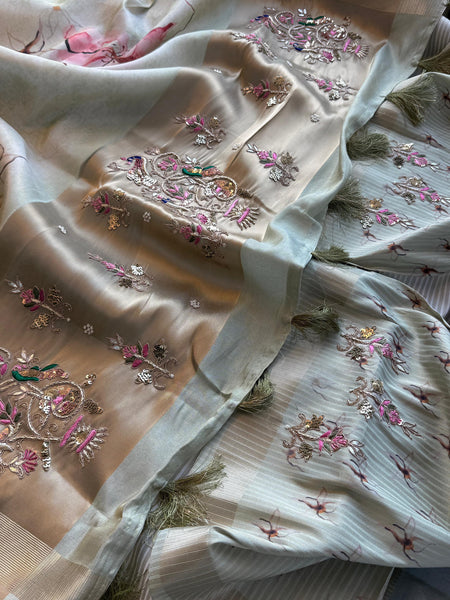 Soft Cosmo Munga Silk Banarasi Wedding Saree with Zardozi & Resham Work