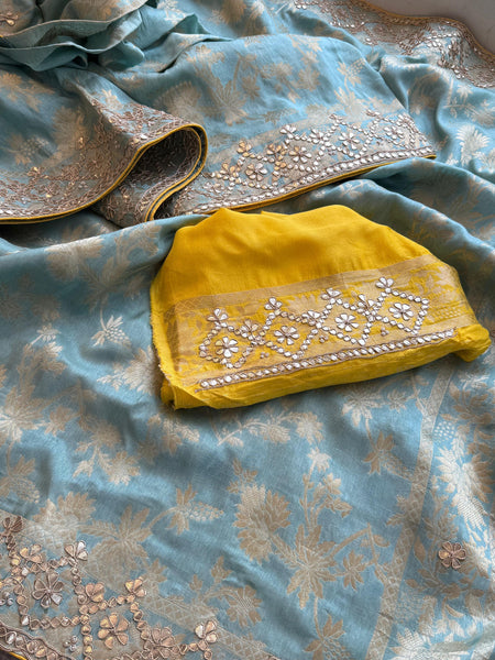 Pure Munga Silk Banarasi Saree with Zardozi, Sequins, Gotapatti & Pearl Embellishments