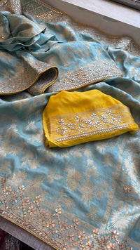 Pure Munga Silk Banarasi Saree with Zardozi, Sequins, Gotapatti & Pearl Embellishments