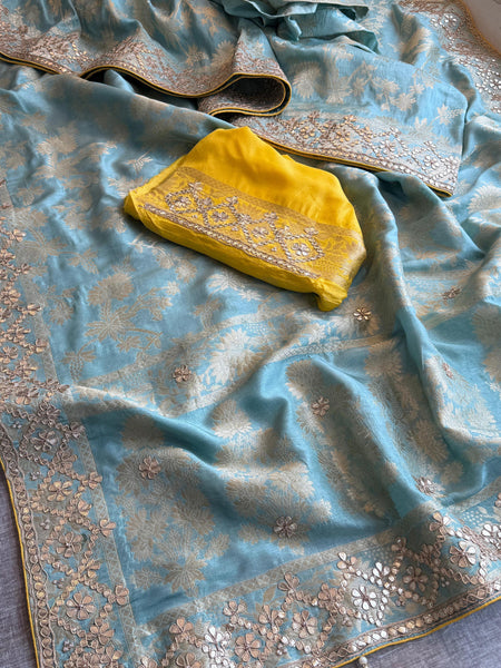 Pure Munga Silk Banarasi Saree with Zardozi, Sequins, Gotapatti & Pearl Embellishments