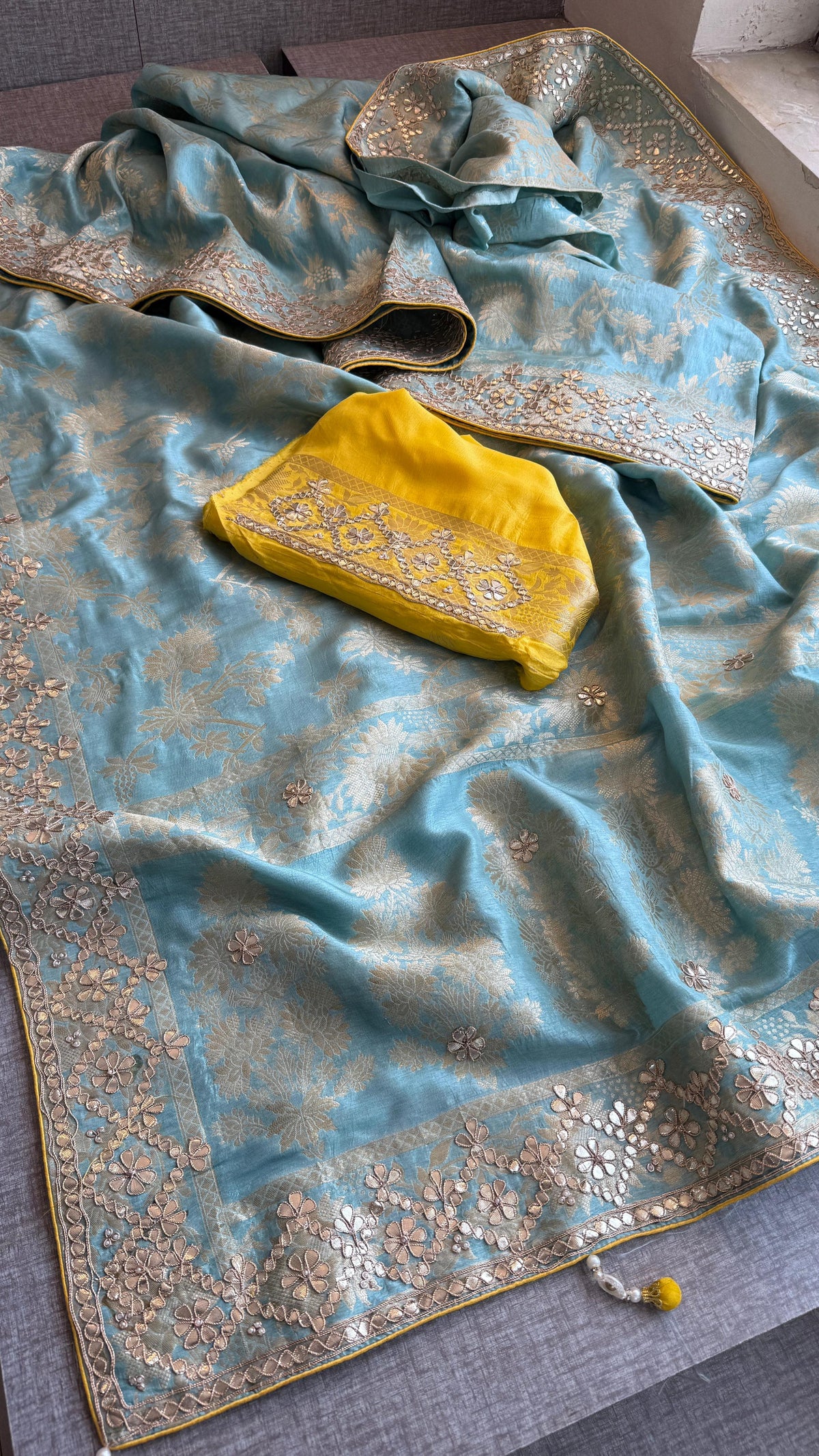 Pure Munga Silk Banarasi Saree with Zardozi, Sequins, Gotapatti & Pearl Embellishments