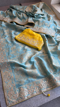 Pure Munga Silk Banarasi Saree with Zardozi, Sequins, Gotapatti & Pearl Embellishments