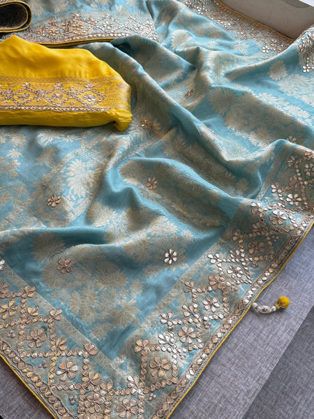 Pure Munga Silk Banarasi Saree with Zardozi, Sequins, Gotapatti & Pearl Embellishments