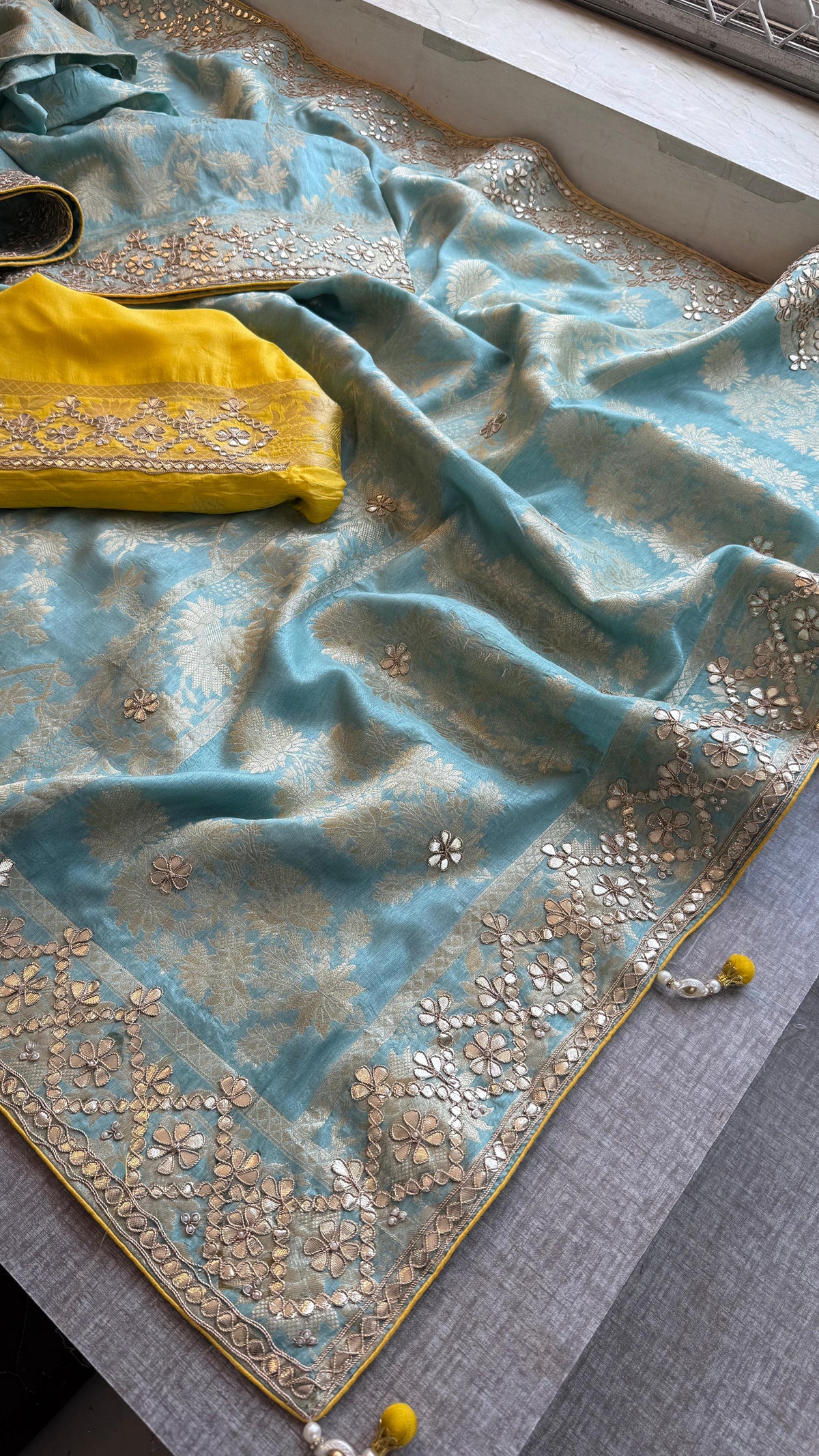 Pure Munga Silk Banarasi Saree with Zardozi, Sequins, Gotapatti & Pearl Embellishments