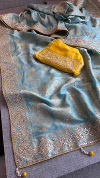 Pure Munga Silk Banarasi Saree with Zardozi, Sequins, Gotapatti & Pearl Embellishments