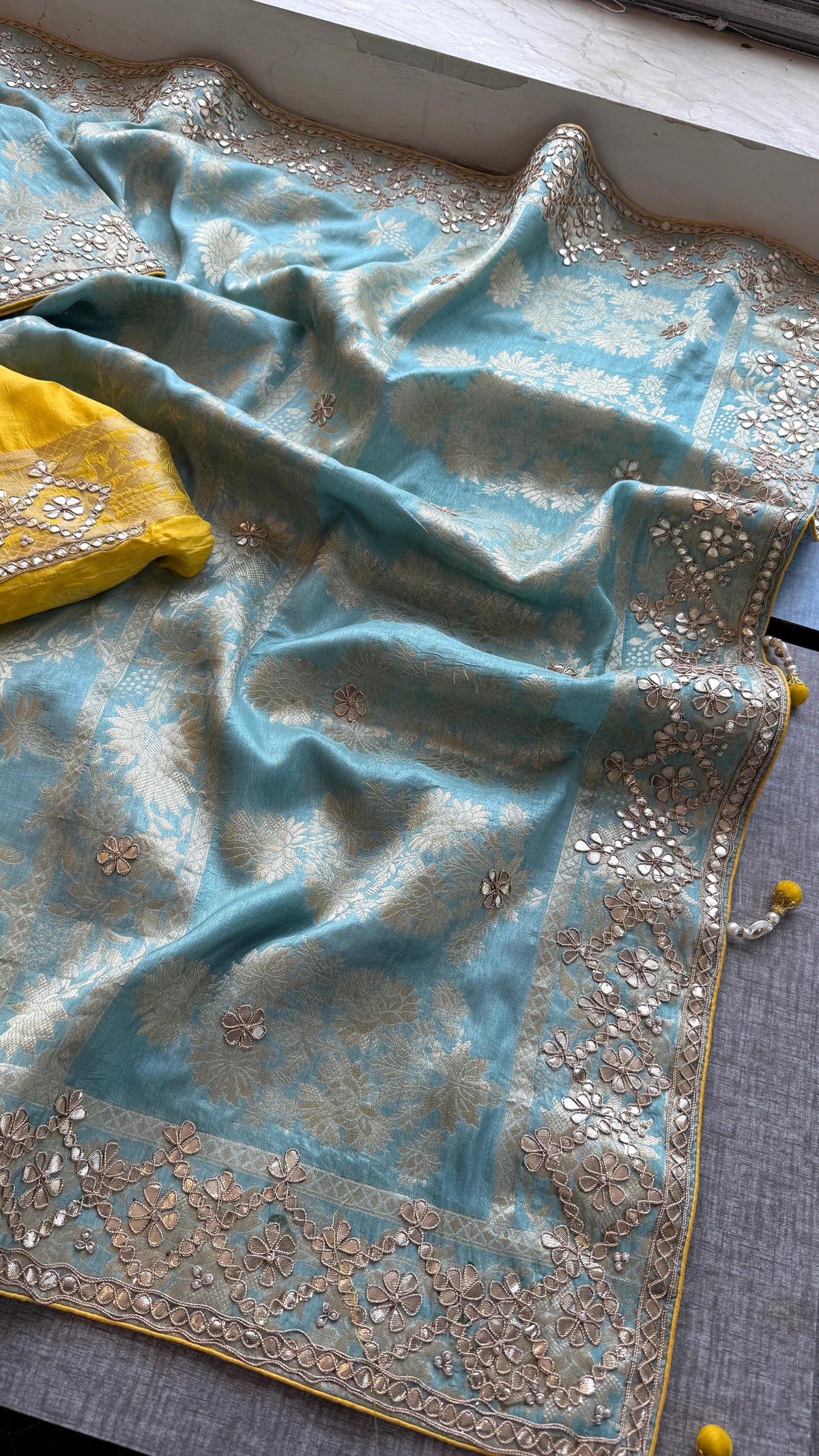 Pure Munga Silk Banarasi Saree with Zardozi, Sequins, Gotapatti & Pearl Embellishments