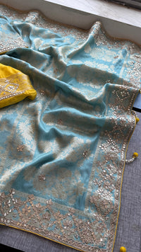 Pure Munga Silk Banarasi Saree with Zardozi, Sequins, Gotapatti & Pearl Embellishments