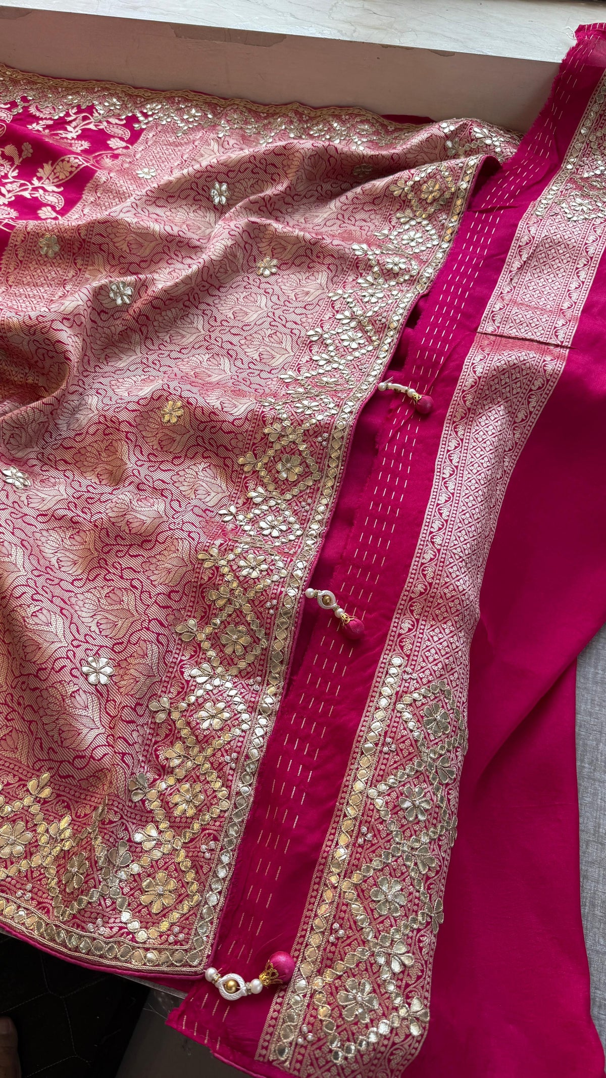Pure Munga Silk Banarasi Saree with Zardozi, Sequins, Gotapatti & Pearl Embellishments