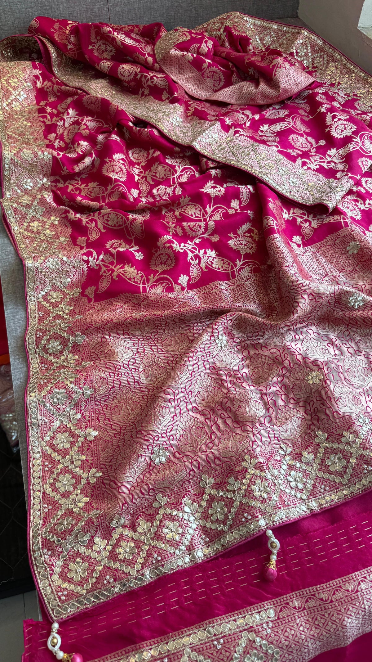 Pure Munga Silk Banarasi Saree with Zardozi, Sequins, Gotapatti & Pearl Embellishments