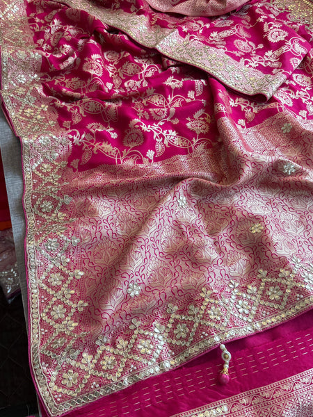 Pure Munga Silk Banarasi Saree with Zardozi, Sequins, Gotapatti & Pearl Embellishments