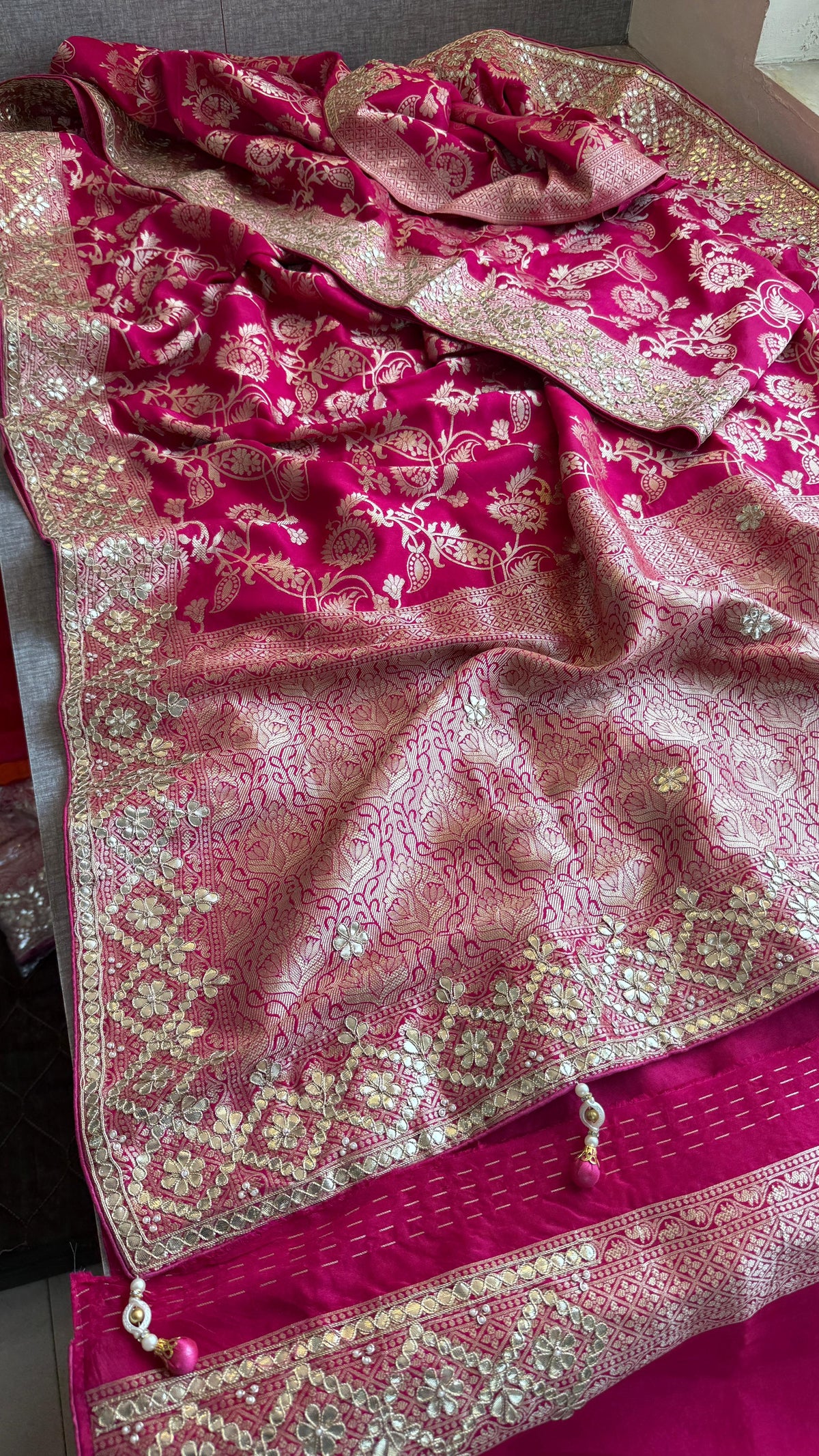 Pure Munga Silk Banarasi Saree with Zardozi, Sequins, Gotapatti & Pearl Embellishments