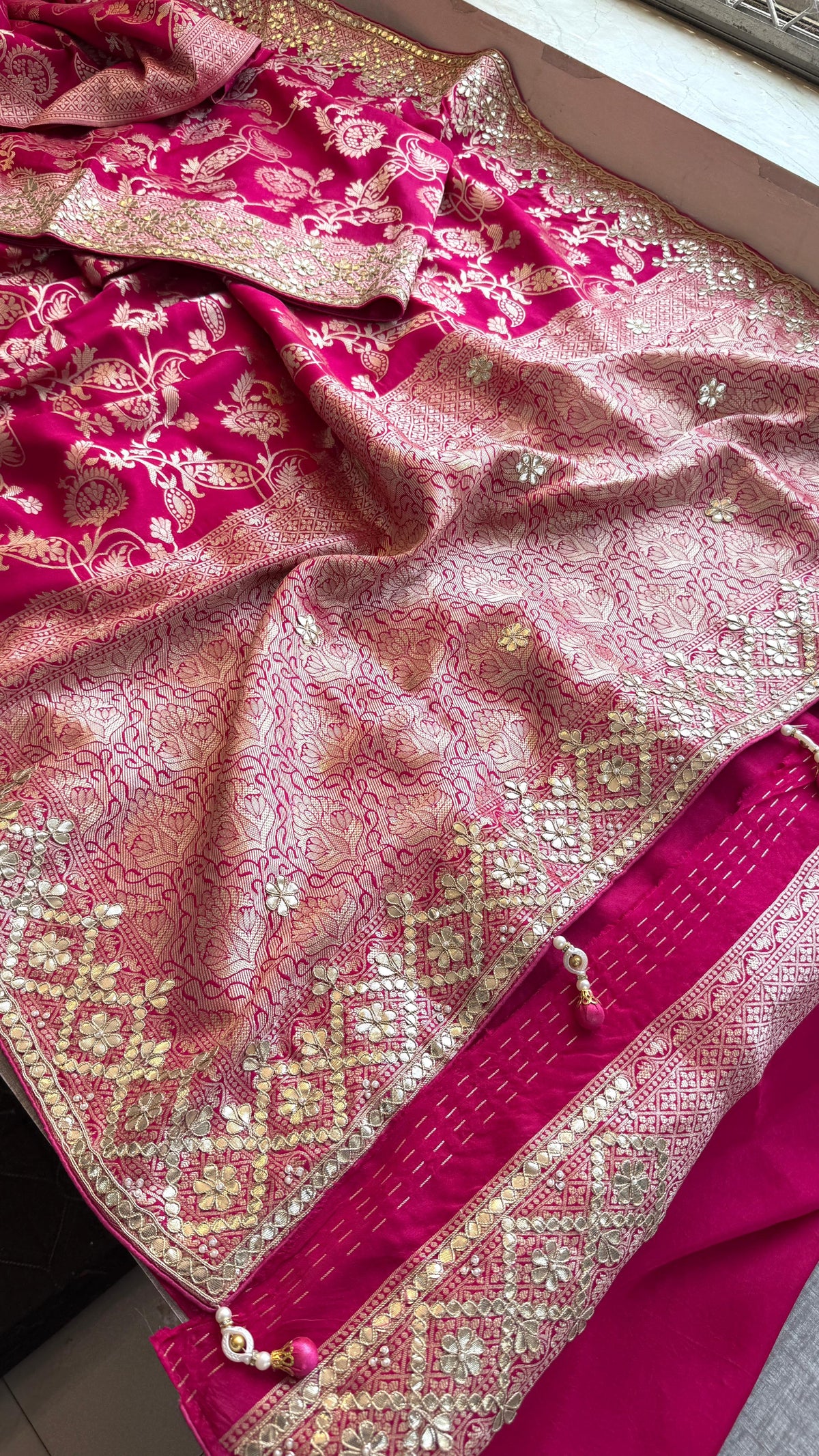 Pure Munga Silk Banarasi Saree with Zardozi, Sequins, Gotapatti & Pearl Embellishments