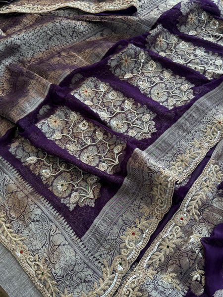 Pure Khaddi Georgette Banarasi Saree with Zardozi, Sequins, Pearls & Premium Stones
