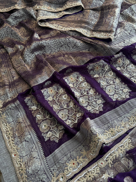 Pure Khaddi Georgette Banarasi Saree with Zardozi, Sequins, Pearls & Premium Stones