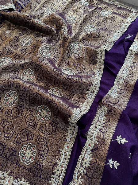 Pure Munga Silk Banarasi Saree with Zardozi, Sequins, Pearls & Premium Stones