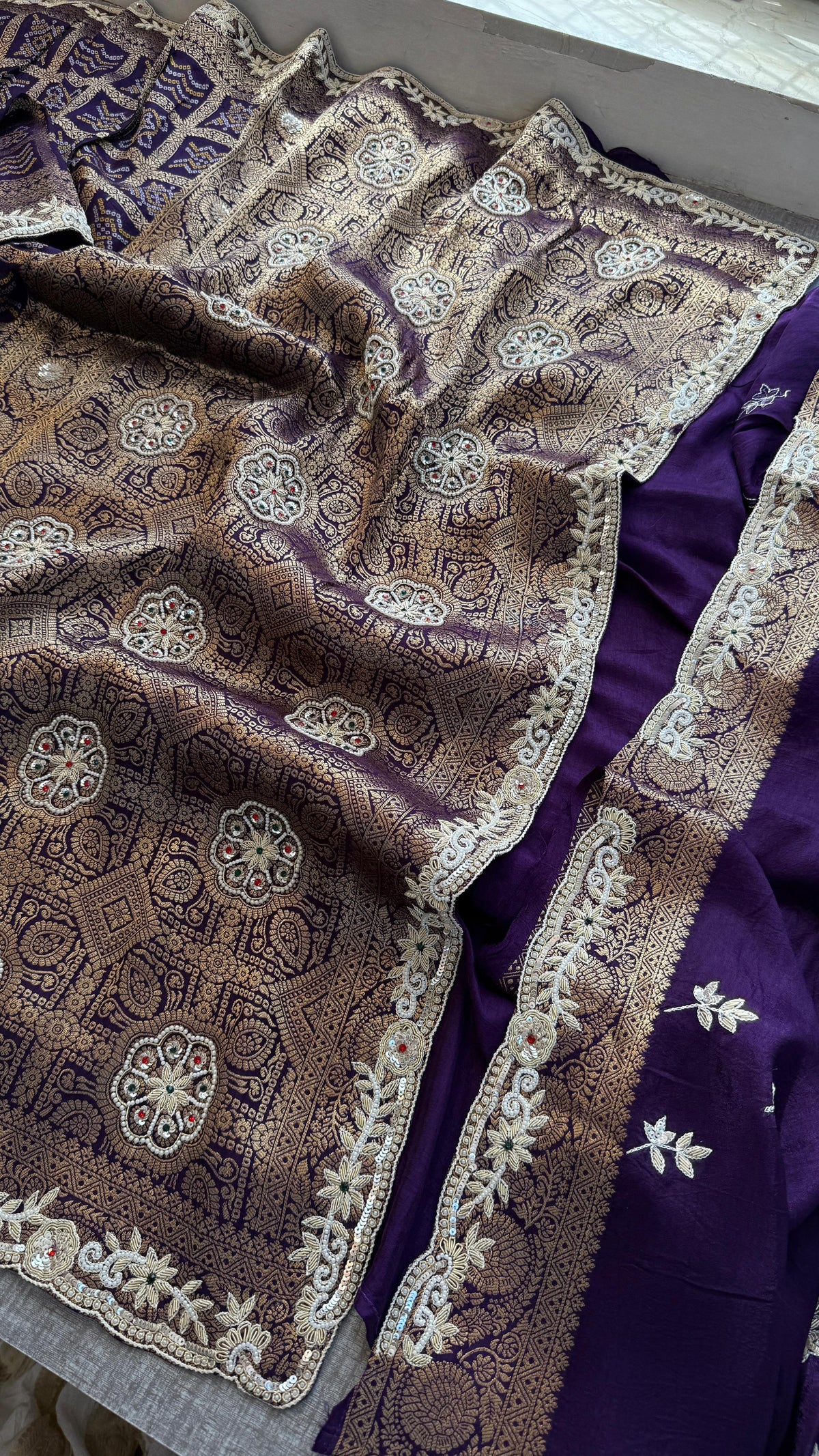 Pure Munga Silk Banarasi Saree with Zardozi, Sequins, Pearls & Premium Stones
