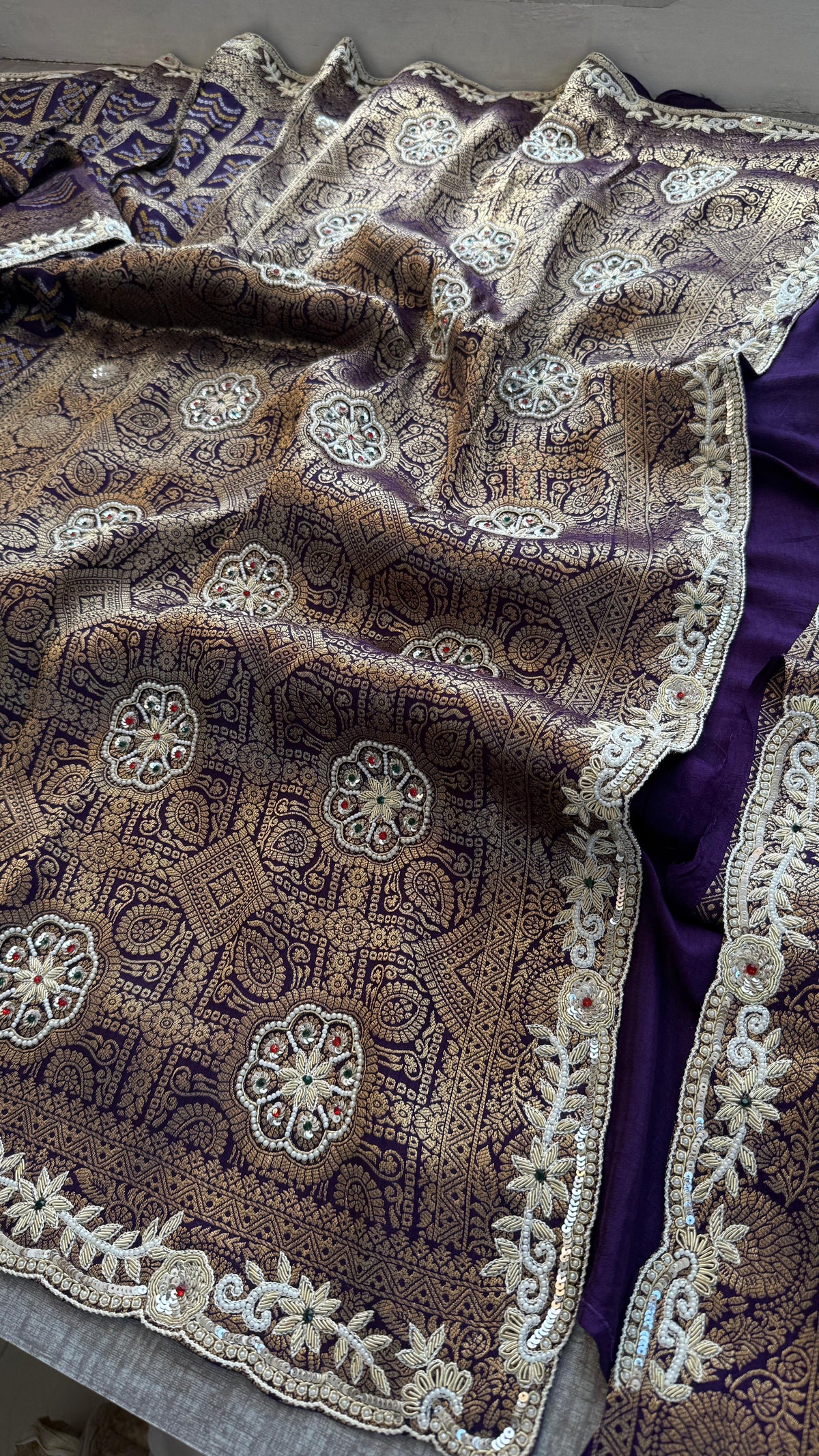 Pure Munga Silk Banarasi Saree with Zardozi, Sequins, Pearls & Premium Stones