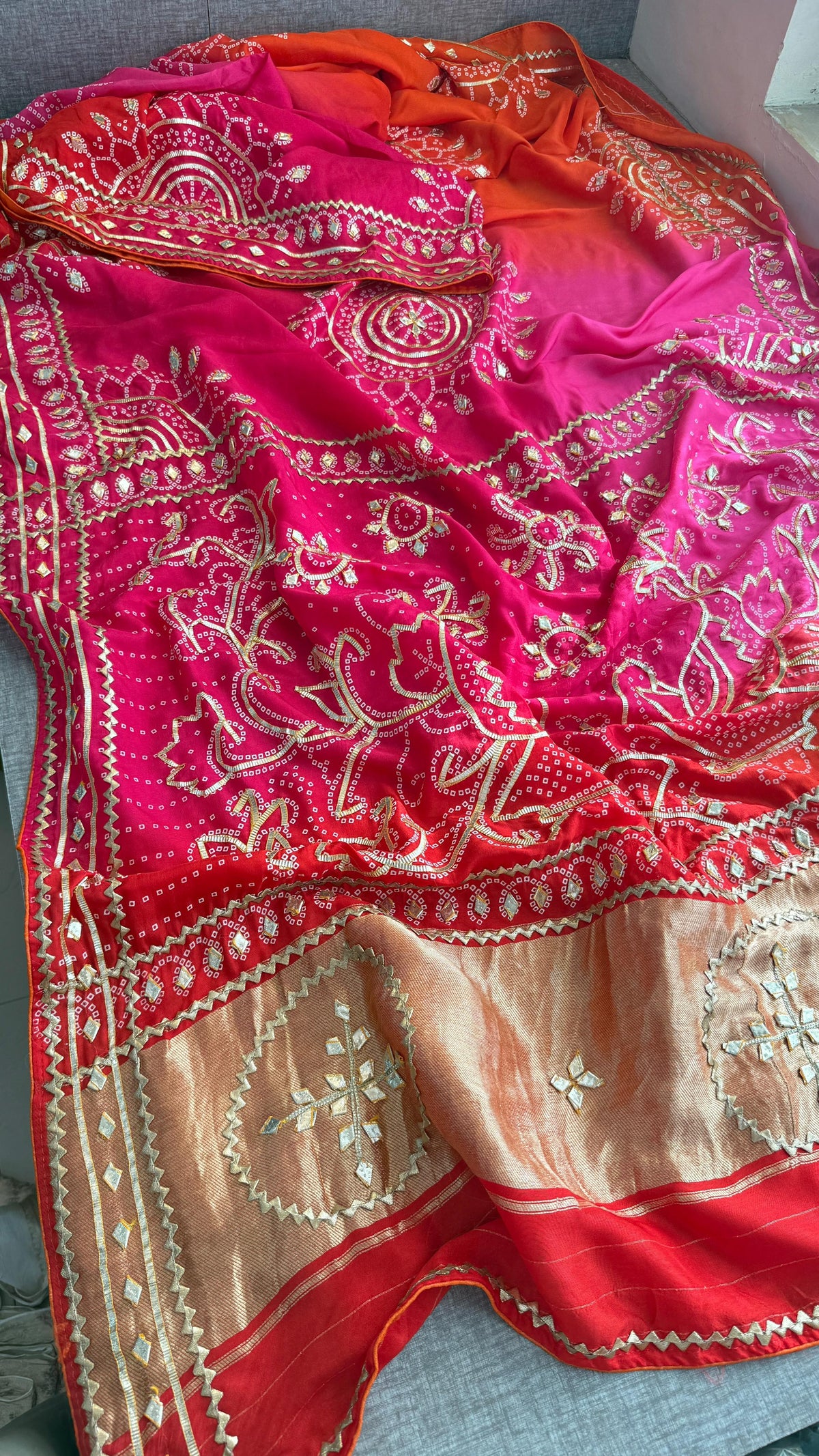 Pure Munga Silk Saree with Handcrafted Sikhiya & Gotapatti Work