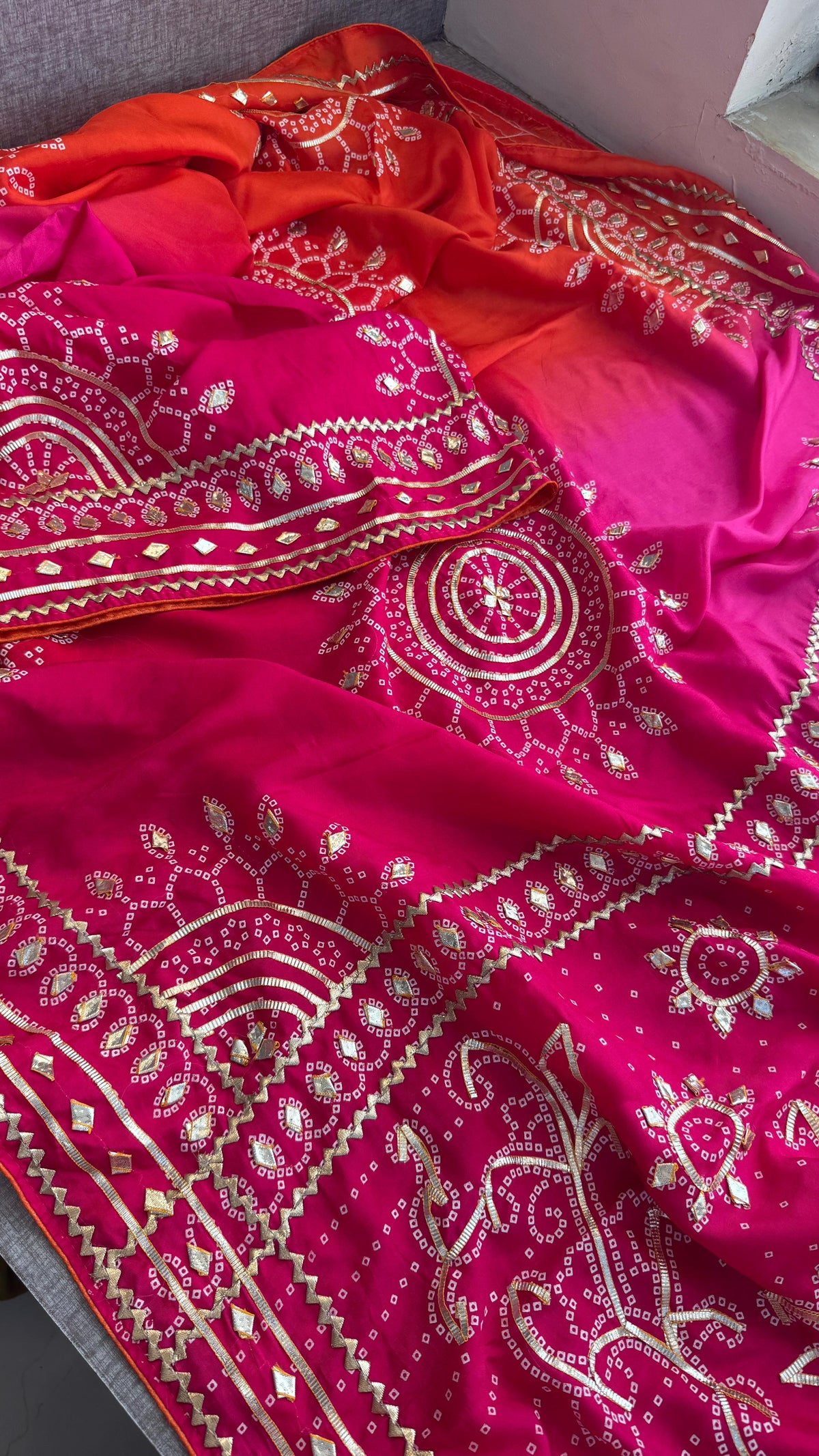 Pure Munga Silk Saree with Handcrafted Sikhiya & Gotapatti Work