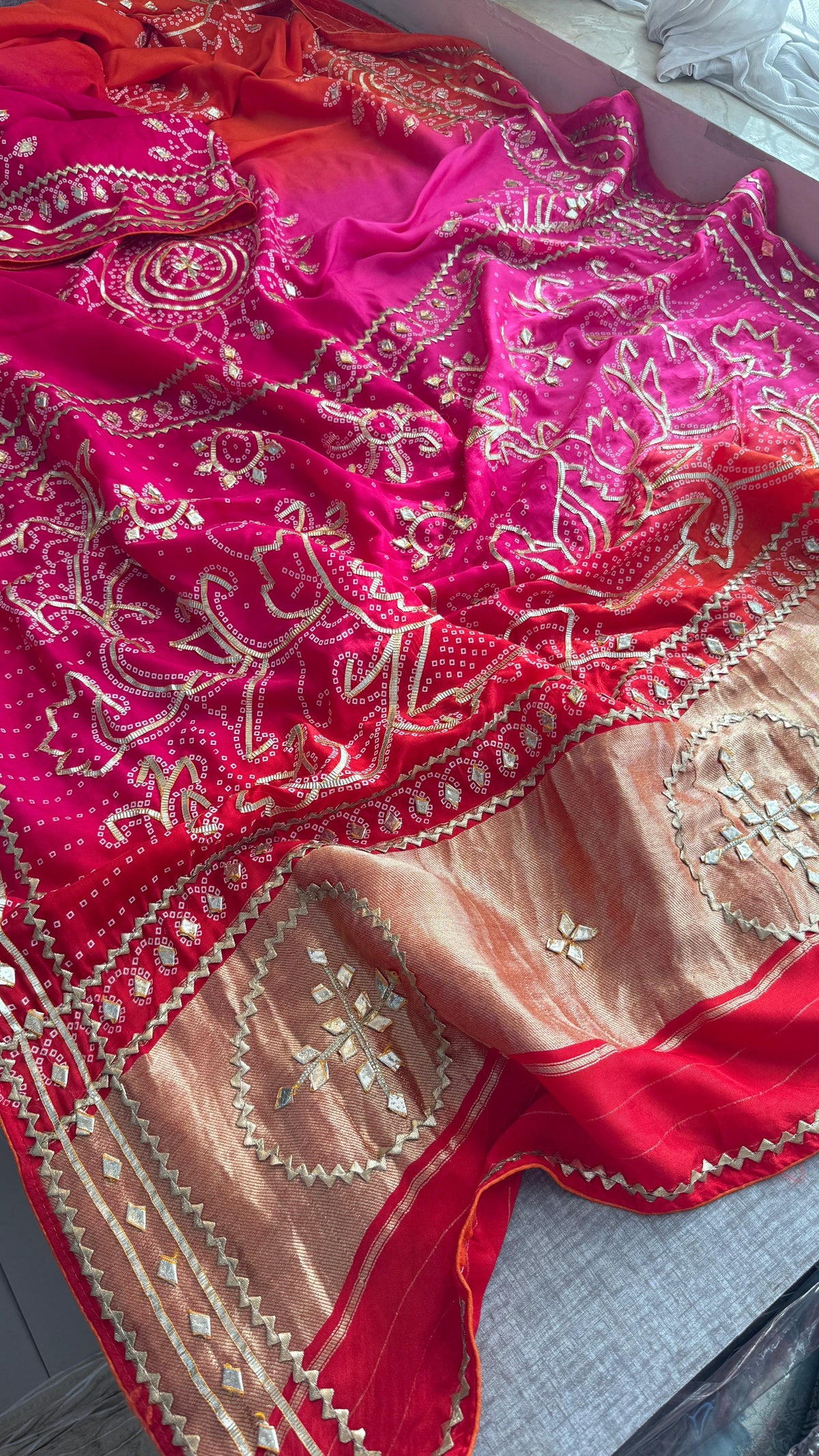 Pure Munga Silk Saree with Handcrafted Sikhiya & Gotapatti Work