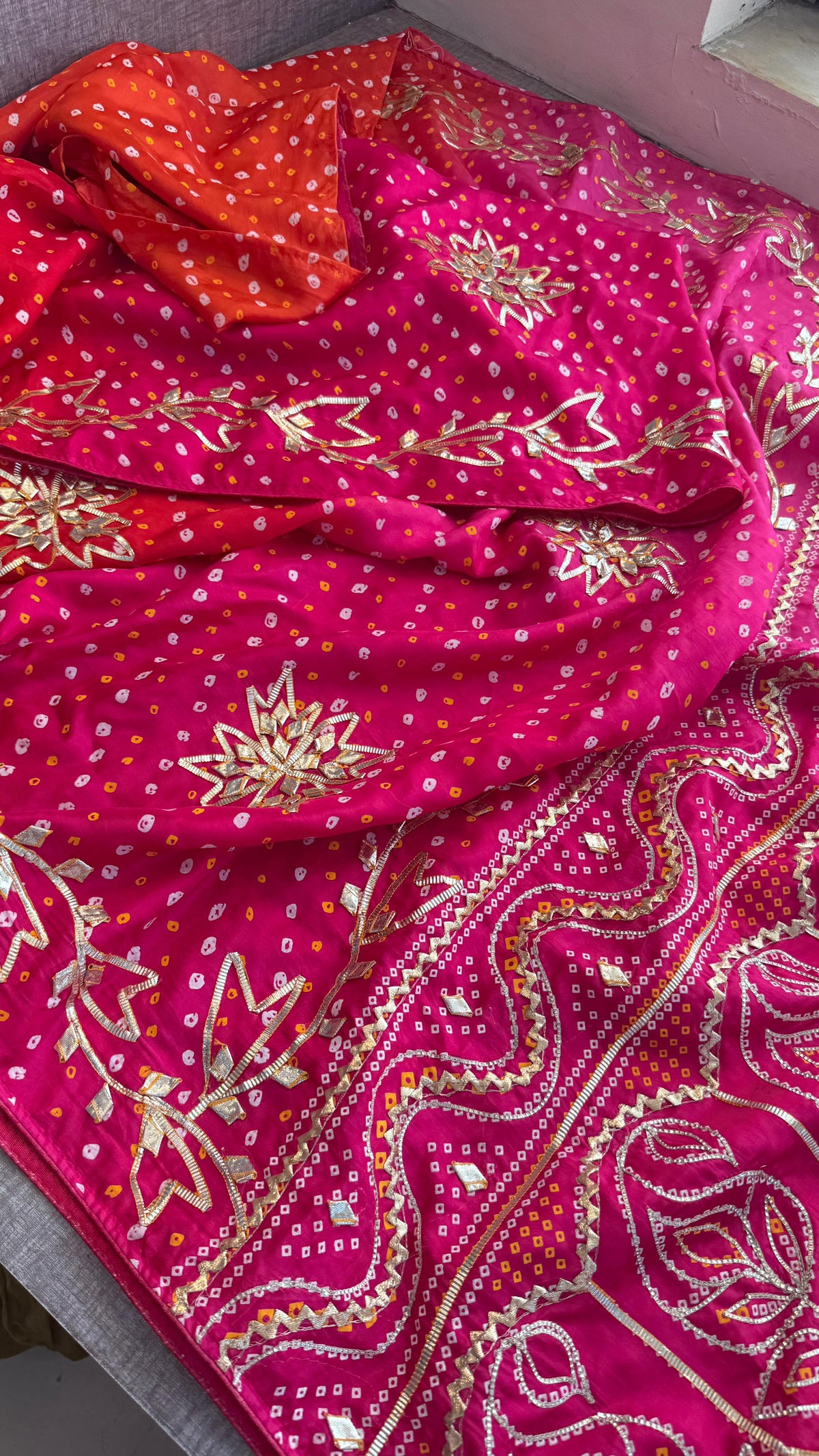 Pure Munga Silk Bandhej Saree with Sikhiya & Gotta Handwork