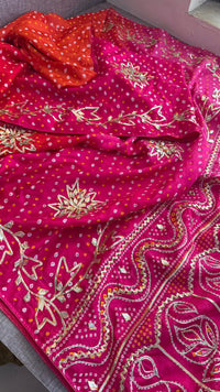 Pure Munga Silk Bandhej Saree with Sikhiya & Gotta Handwork