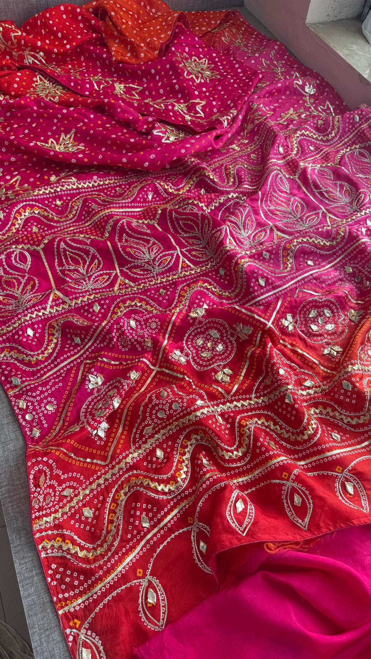 Pure Munga Silk Bandhej Saree with Sikhiya & Gotta Handwork
