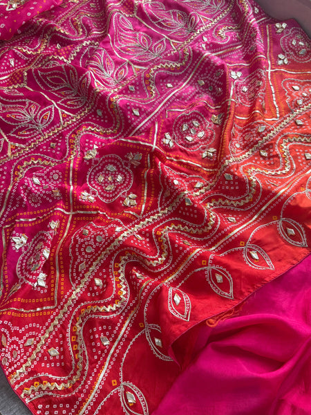 Pure Munga Silk Bandhej Saree with Sikhiya & Gotta Handwork