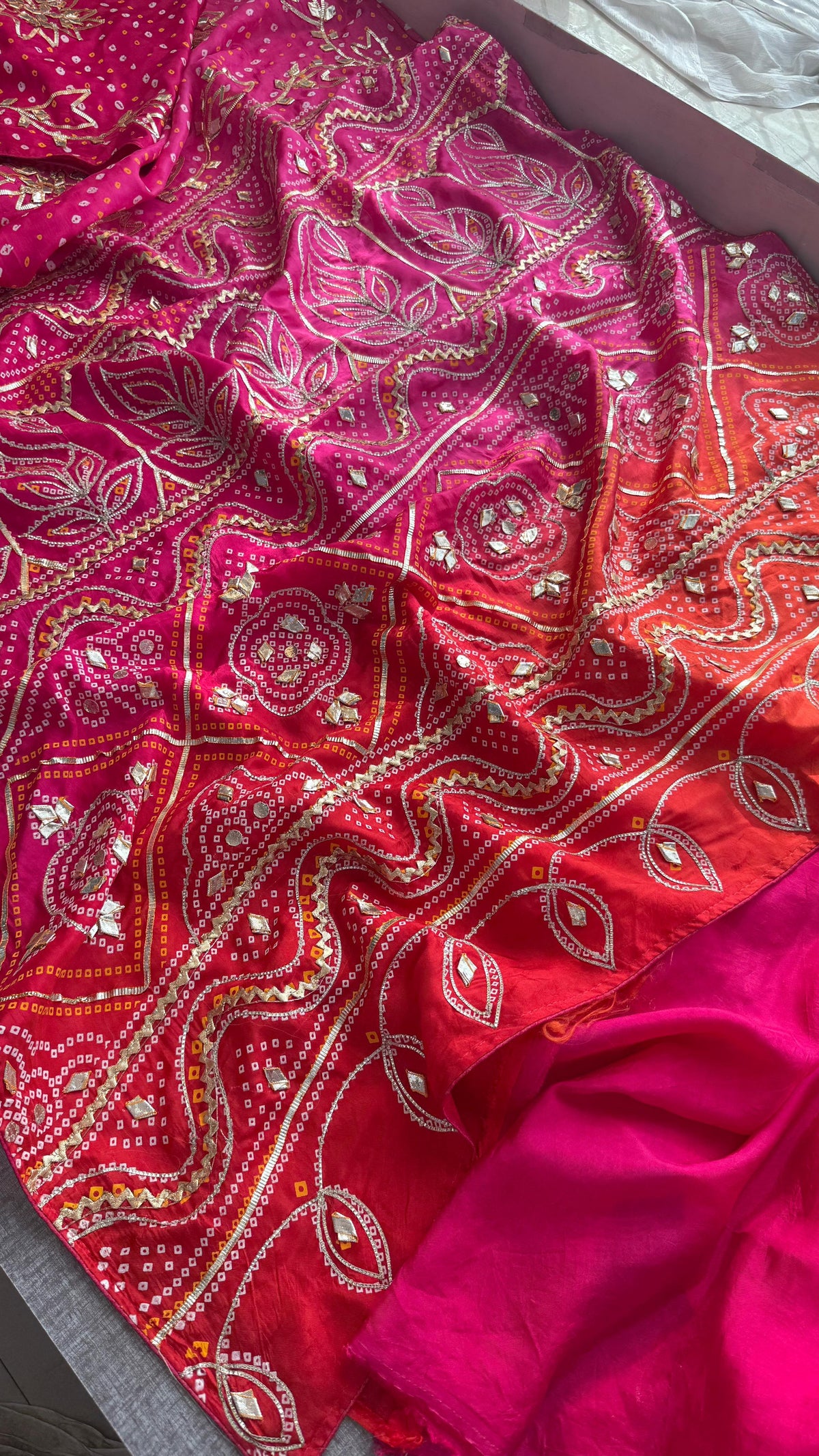 Pure Munga Silk Bandhej Saree with Sikhiya & Gotta Handwork