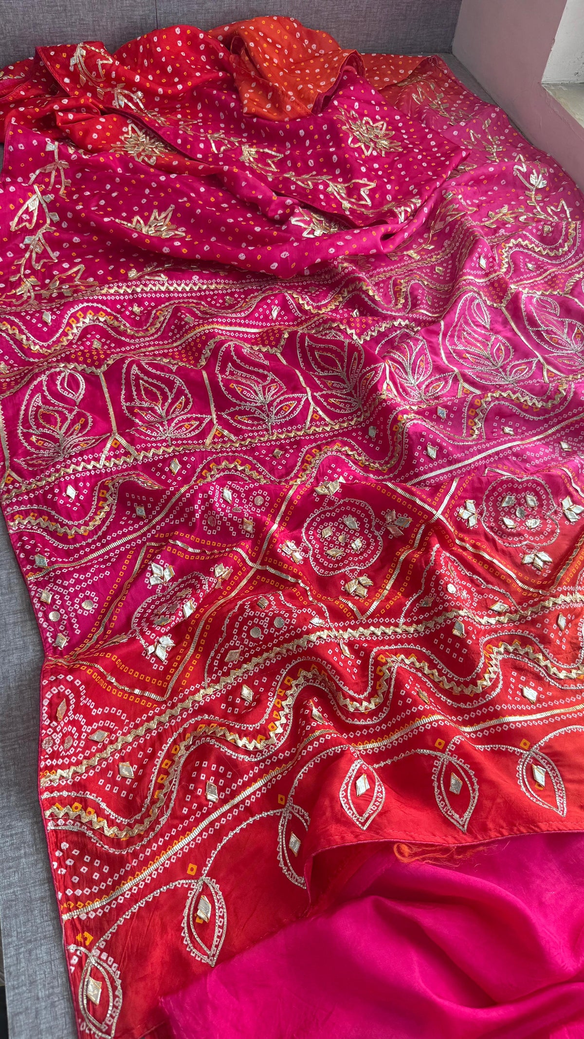 Pure Munga Silk Bandhej Saree with Sikhiya & Gotta Handwork