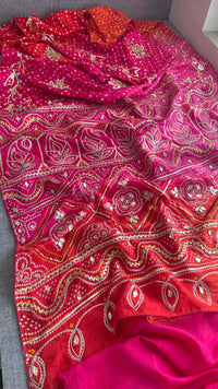 Pure Munga Silk Bandhej Saree with Sikhiya & Gotta Handwork