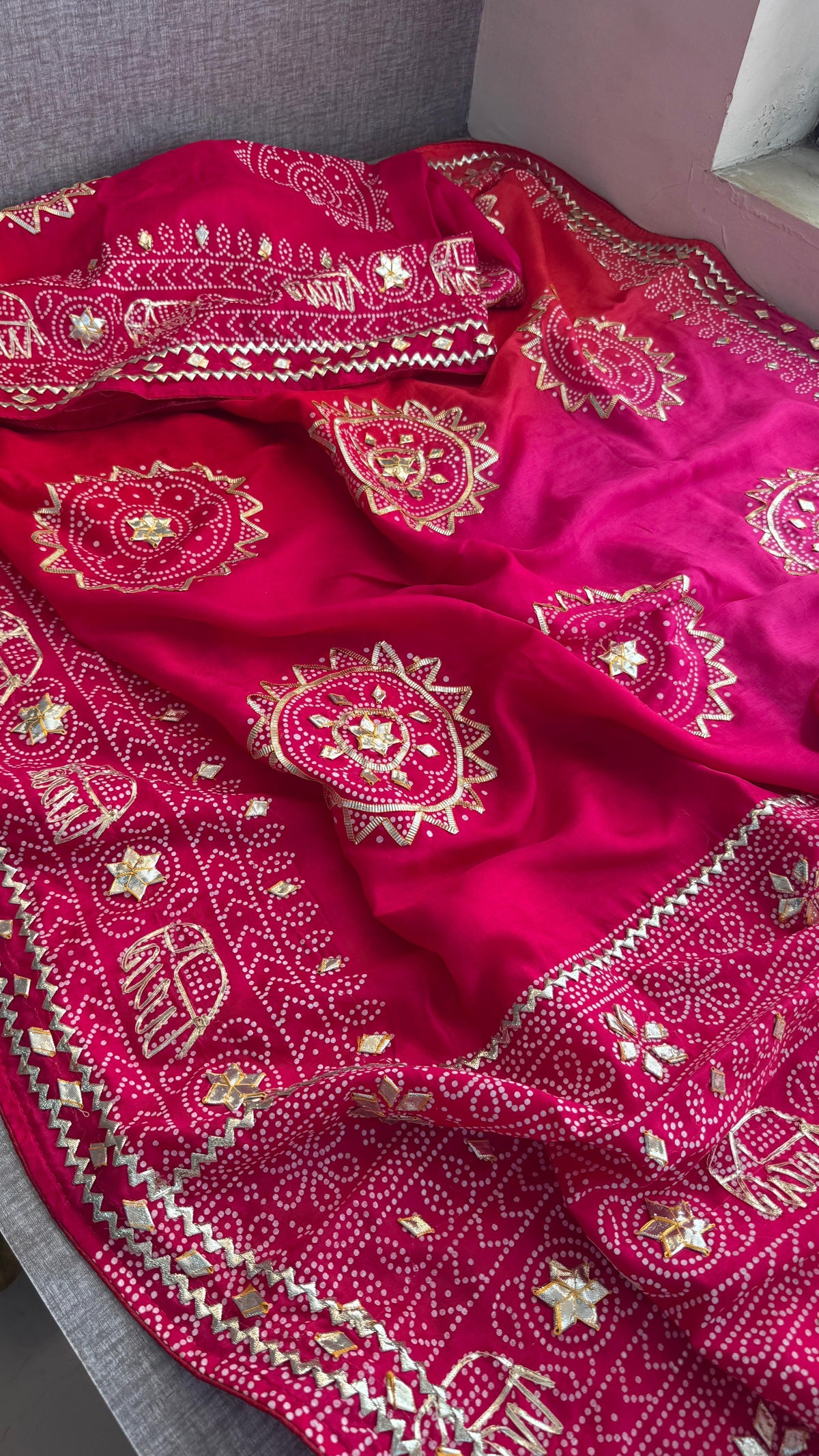 Pure Munga Silk Saree with Traditional Sikhiya & Gotapatti Handwork