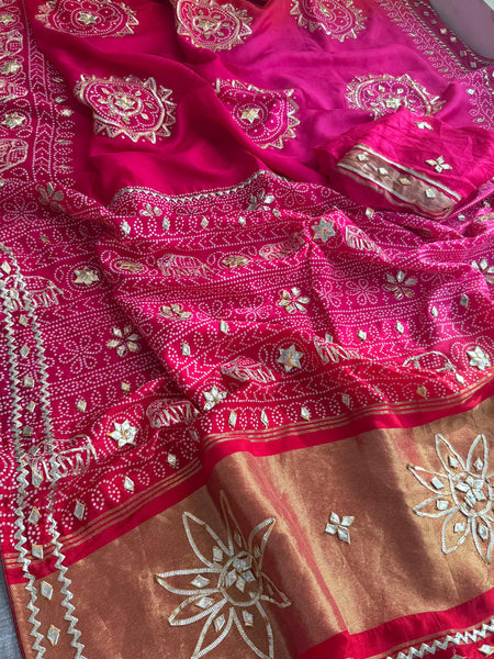 Pure Munga Silk Saree with Traditional Sikhiya & Gotapatti Handwork