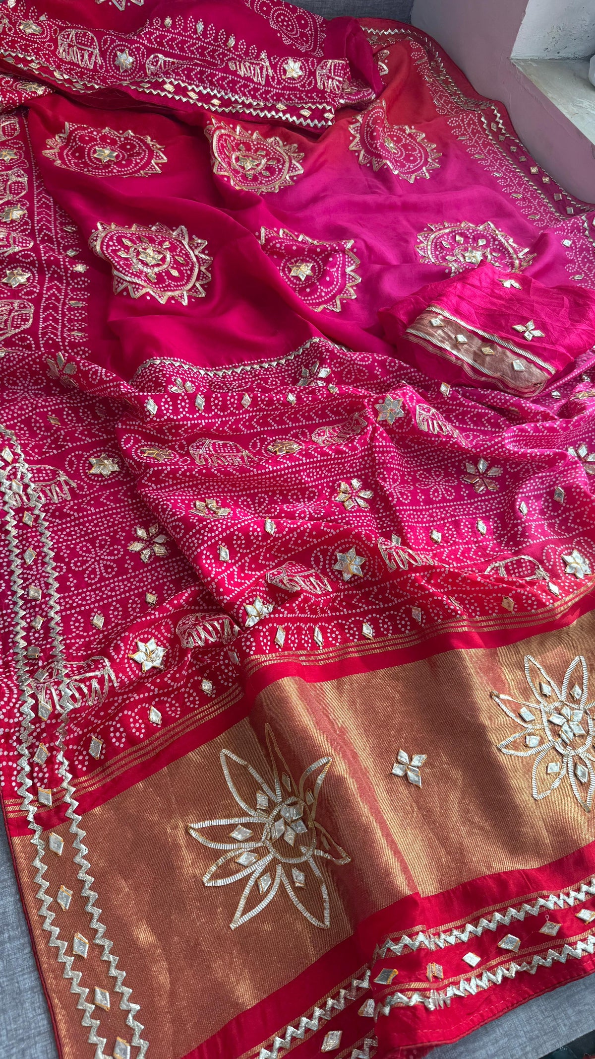 Pure Munga Silk Saree with Traditional Sikhiya & Gotapatti Handwork