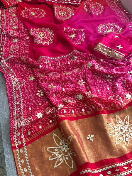 Pure Munga Silk Saree with Traditional Sikhiya & Gotapatti Handwork