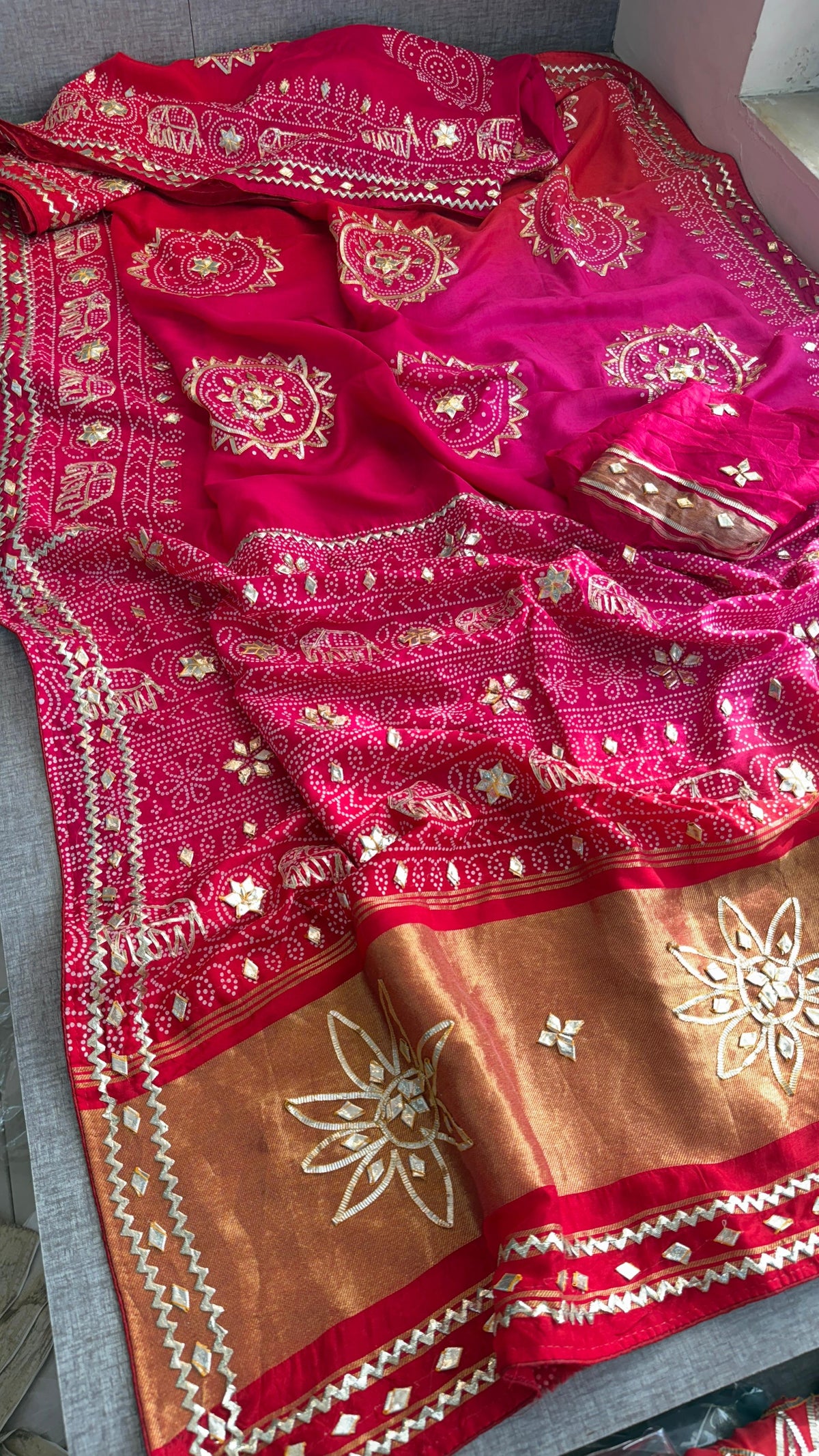 Pure Munga Silk Saree with Traditional Sikhiya & Gotapatti Handwork