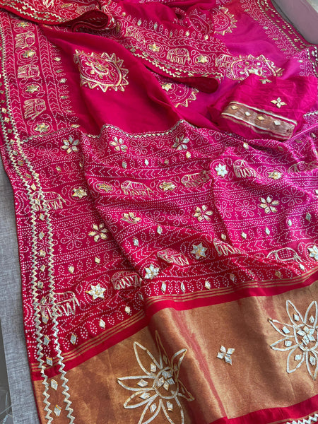 Pure Munga Silk Saree with Traditional Sikhiya & Gotapatti Handwork