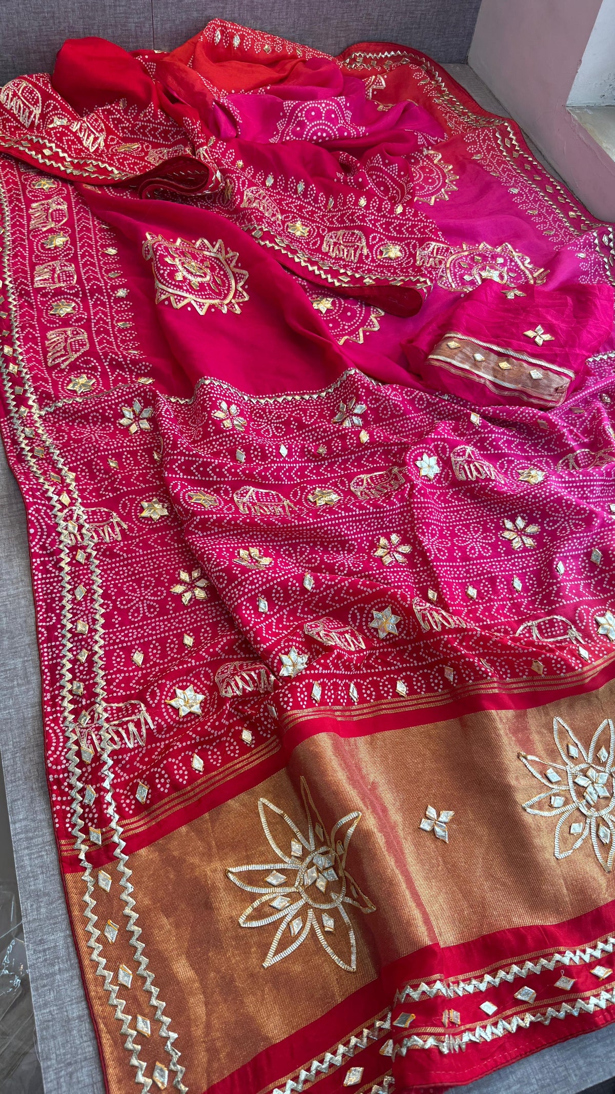 Pure Munga Silk Saree with Traditional Sikhiya & Gotapatti Handwork