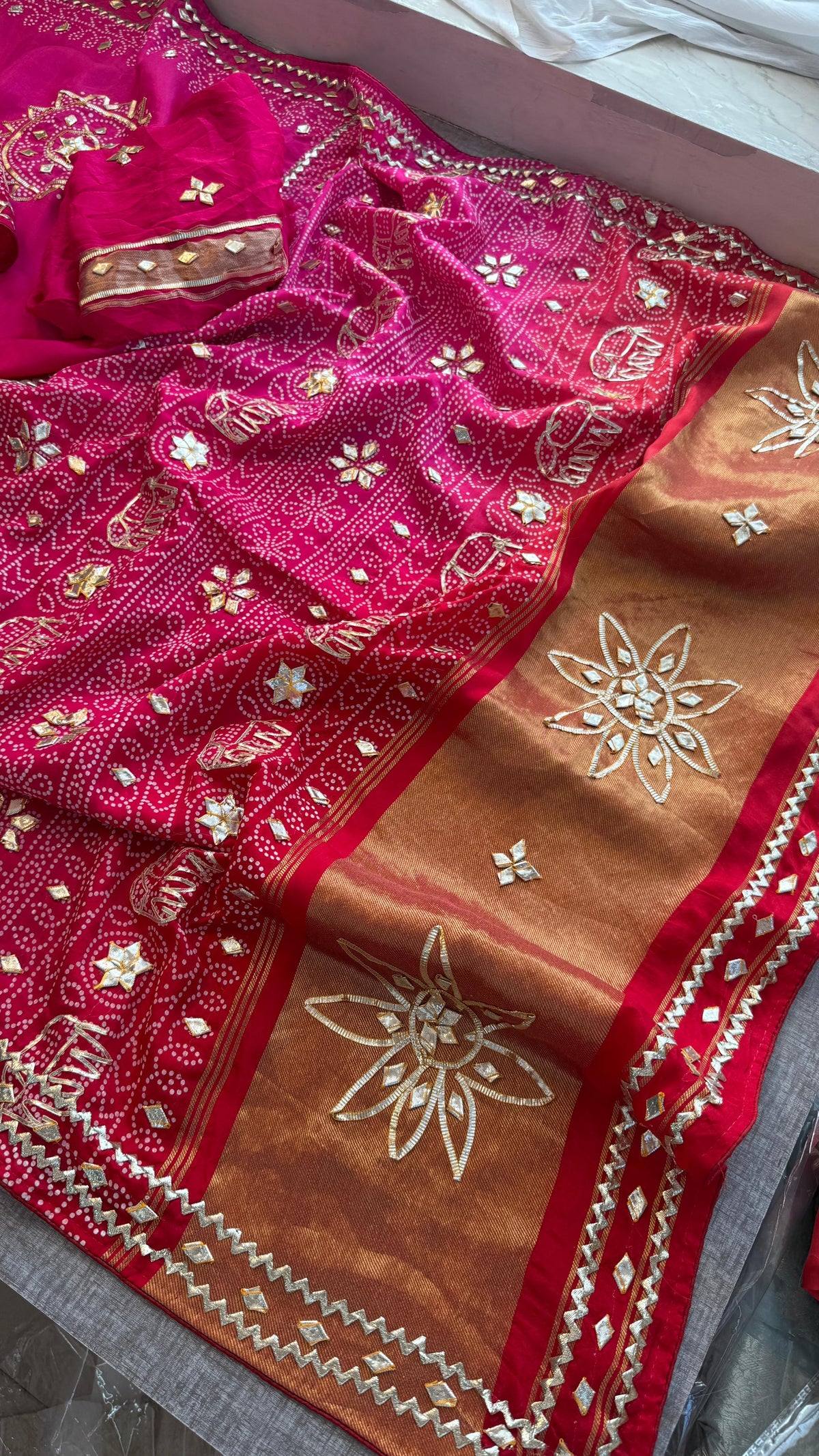 Pure Munga Silk Saree with Traditional Sikhiya & Gotapatti Handwork