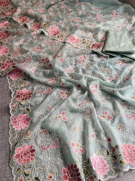 Pure Soft Organza Silk Saree with Multi-Thread Floral Embroidery